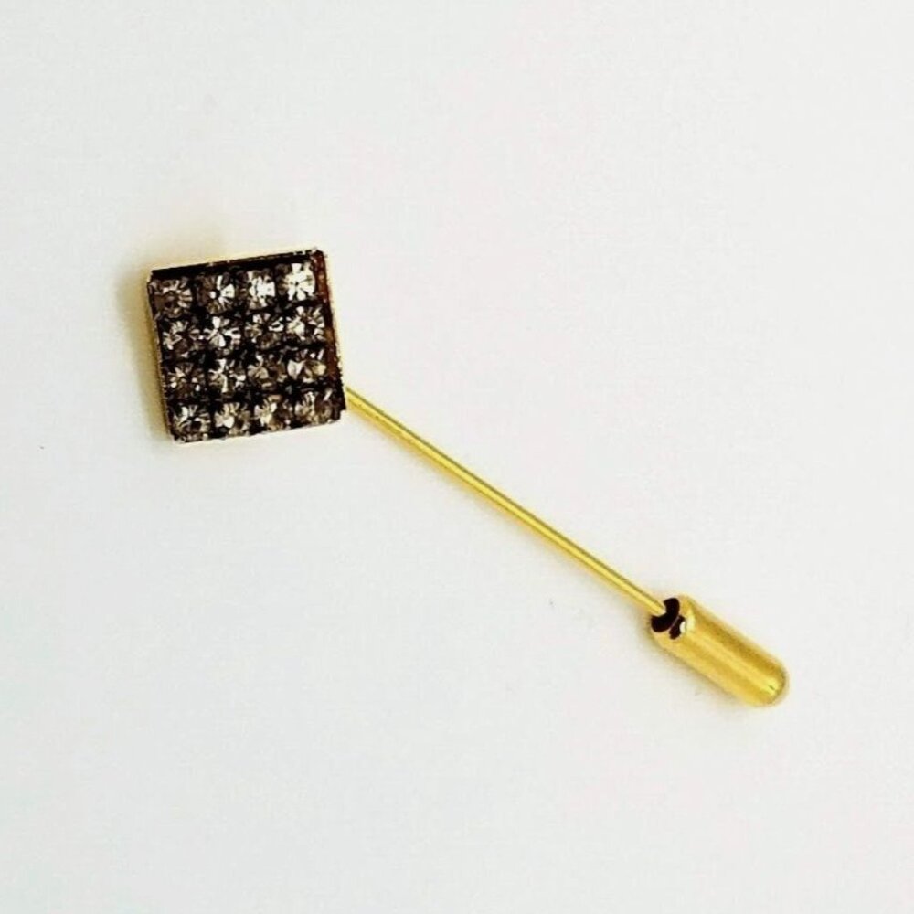 Square Clear Crystals Gold‎ Tone Stick Pin 2 1/2" Vintage Estate 80s